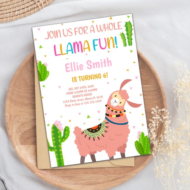 Cute Fiesta Party Card for Girls or Toddlers (Pink Llama Birthday Invitations)