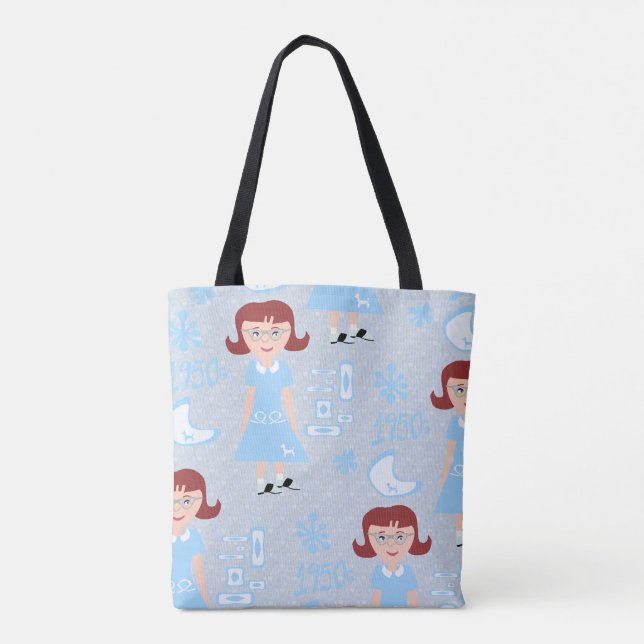 Cute Fifties Retro Girl Illustrated Blue Pattern Tote Bag (Back)
