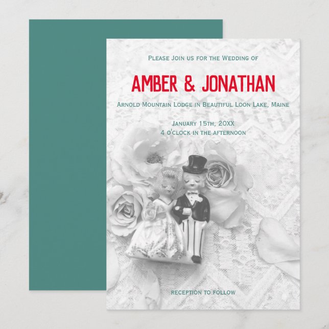 cute figurines and lace wedding invitation II (Front/Back)