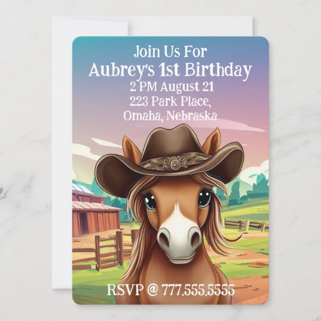 Cute Filly in Cowboy Hat Birthday Invitation (Front)