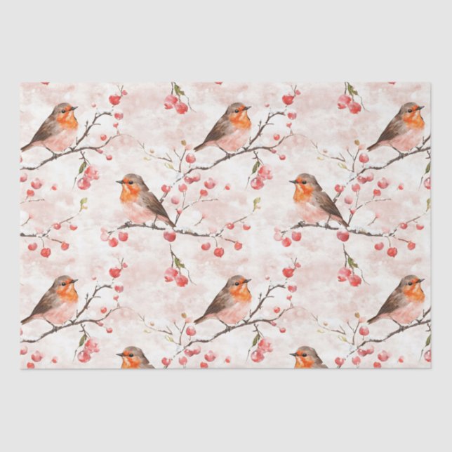 Cute finch bird on snowy winter tree & red berries tissue paper (Front)