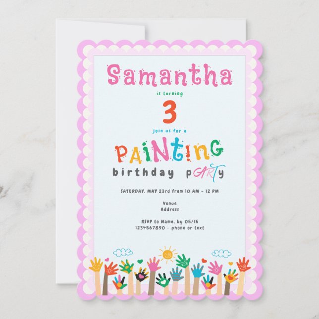 Cute Finger Painting Pink Girl Art Birthday Party Invitation (Front)