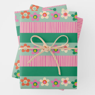 Cute Finnish Patchwork Floral Stripe Pattern Wrapping Paper Sheet