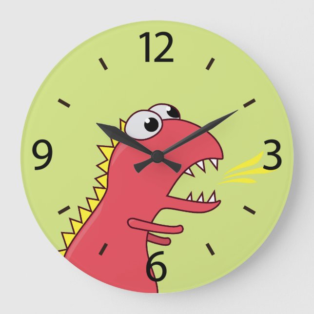 Cute Fire Breath Cartoon T-Rex Dinosaur Kids Large Clock (Front)