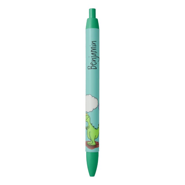 Cute fire breathing green funny dragon cartoon black ink pen (Front Vertical)