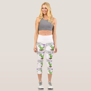 Cute fire breathing green funny dragon cartoon capri leggings