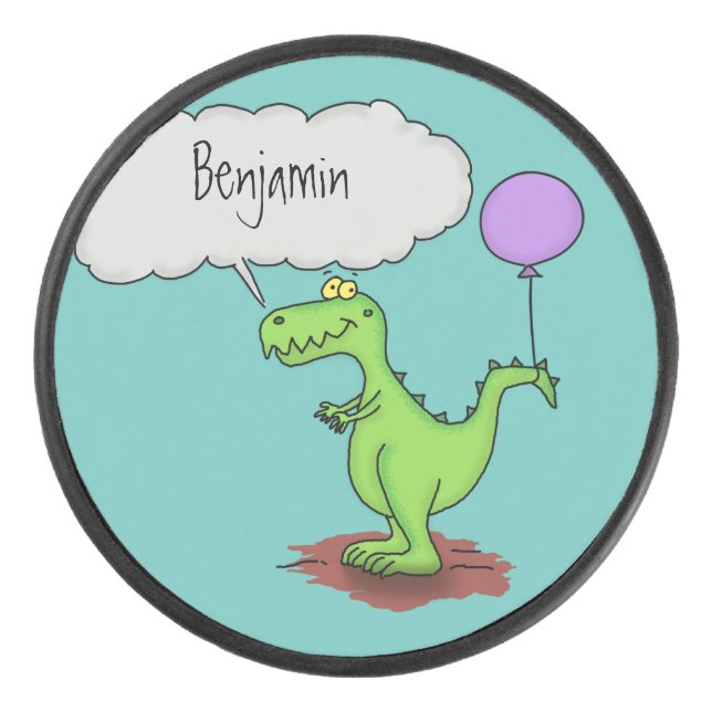 Cute fire breathing green funny dragon cartoon hockey puck (Front)