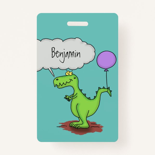 Cute fire breathing green funny dragon cartoon ID badge (Front)