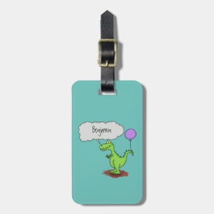 Cute fire breathing green funny dragon cartoon luggage tag