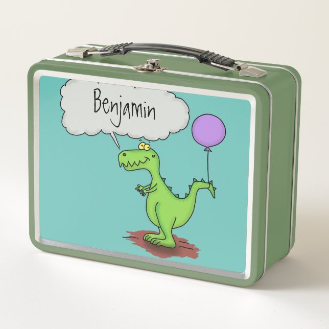 Cute fire breathing green funny dragon cartoon metal lunch box (Front)
