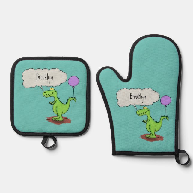 Cute fire breathing green funny dragon cartoon oven mitt & pot holder set (Front)