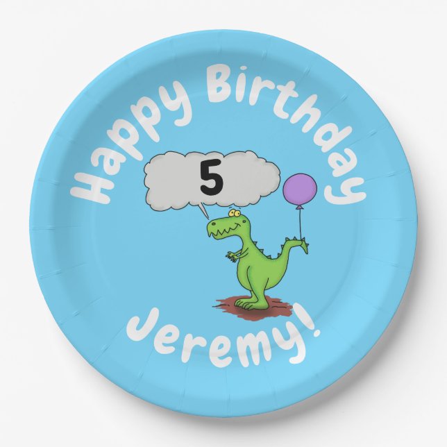 Cute fire breathing green funny dragon cartoon paper plate (Front)