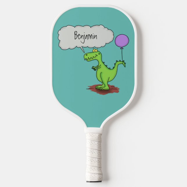 Cute fire breathing green funny dragon cartoon pickleball paddle (Front)