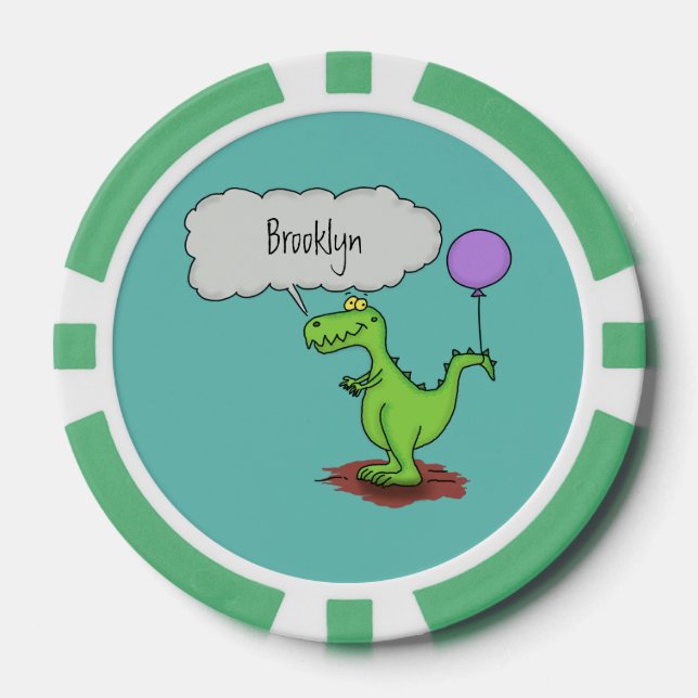 Cute fire breathing green funny dragon cartoon poker chips (Front)