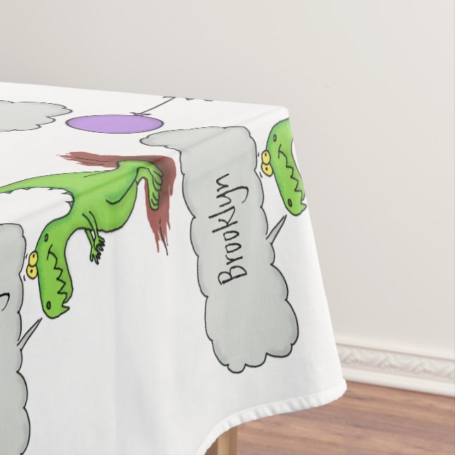 Cute fire breathing green funny dragon cartoon tablecloth (In Situ)