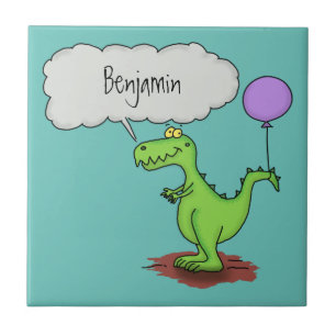Cute fire breathing green funny dragon cartoon tile
