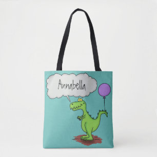 Cute fire breathing green funny dragon cartoon tote bag
