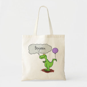 Cute fire breathing green funny dragon cartoon tote bag