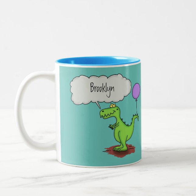 Cute fire breathing green funny dragon cartoon Two-Tone coffee mug (Left)