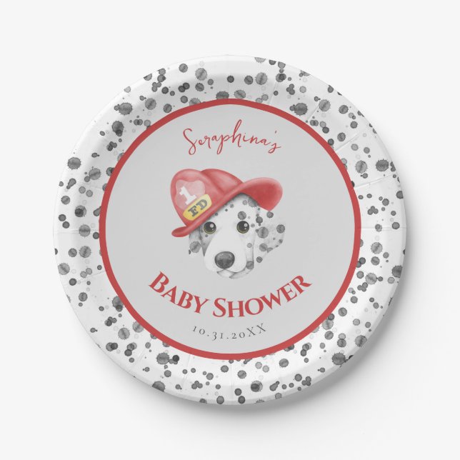 Cute Fire Fighter Dalmatian Baby Shower Paper Plate (Front)
