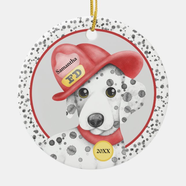 Cute Fire Fighter Dalmatian Puppy Personalised Ceramic Tree Decoration (Front)