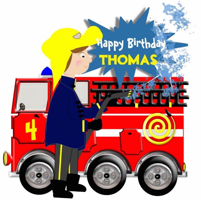 Cute Fire Fighter Truck Theme Cartoon Standing Photo Sculpture (Front)