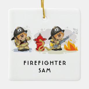 Cute Fire Fighting Bears Personalised Text Ceramic Ornament