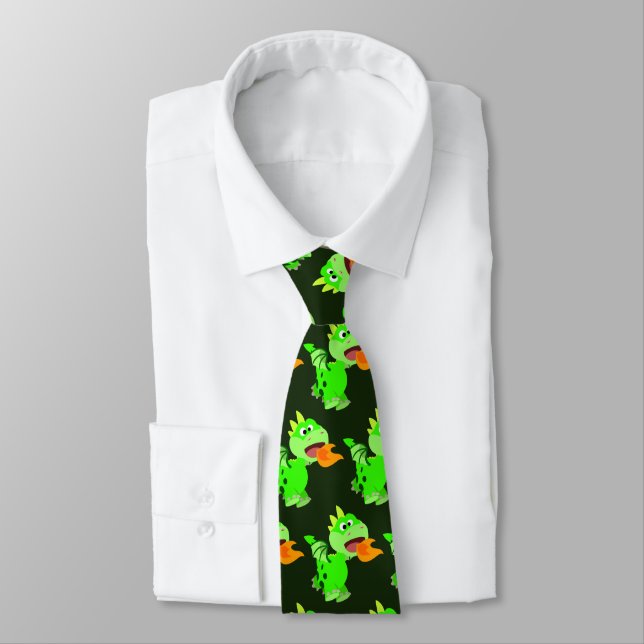 Cute Fire-Spitting Cartoon Baby Dragon Tie (Tied)