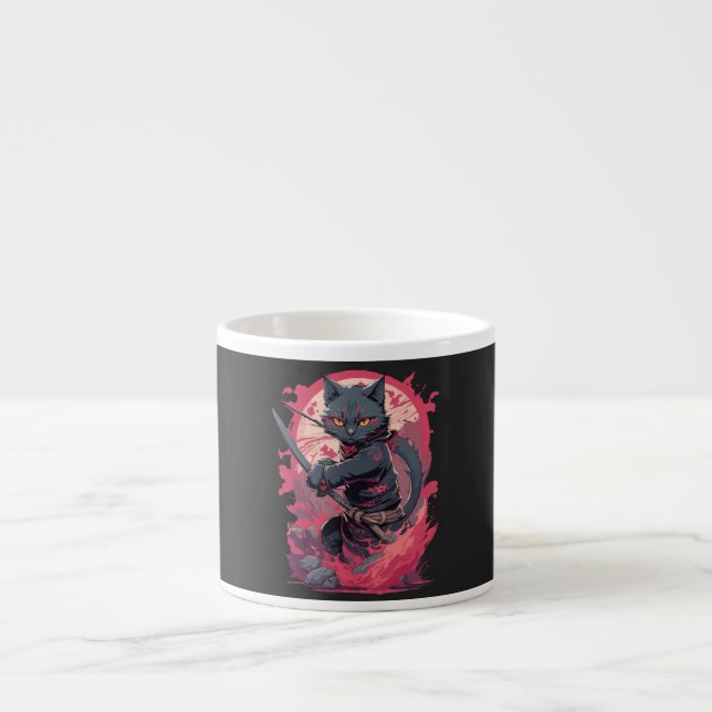 Cute Fire Splash Black Ninja Cat Warrior Espresso Cup (Front)