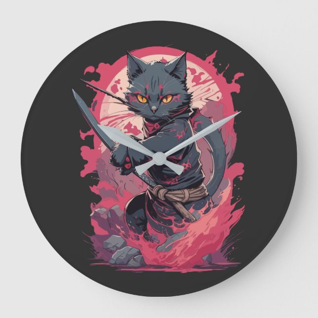 Cute Fire Splash Black Ninja Cat Warrior Large Clock (Front)