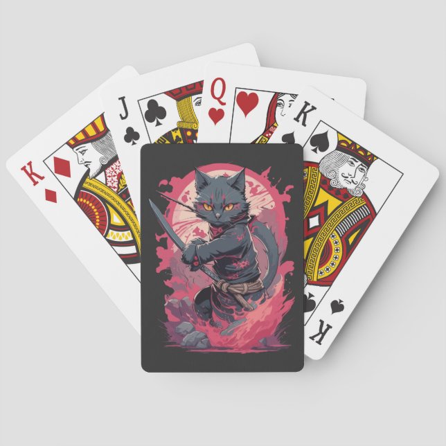 Cute Fire Splash Black Ninja Cat Warrior Playing Cards (Back)