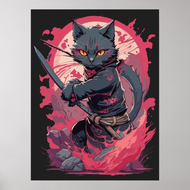 Cute Fire Splash Black Ninja Cat Warrior Poster (Front)