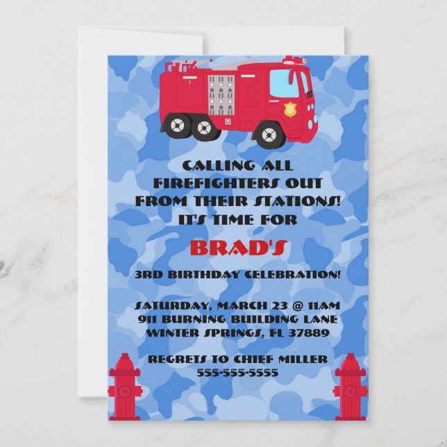 Cute Fire Truck Engine Birthday Party Invitation (Front)
