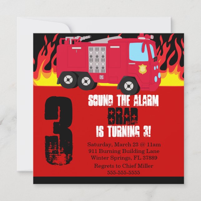 Cute Fire Truck Engine Birthday Party Invitation (Front)