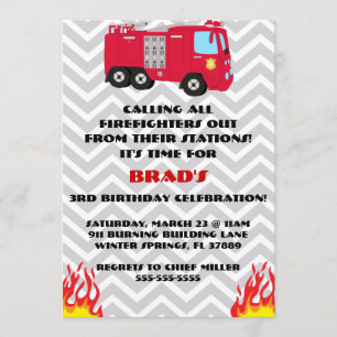 Cute Fire Truck Engine Birthday Party Invitation