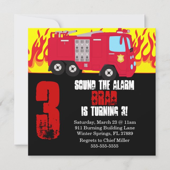Cute Fire Truck Engine Birthday Party Invitation (Front)