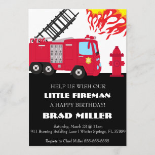 Cute Fire Truck Firefighter Birthday Invitation