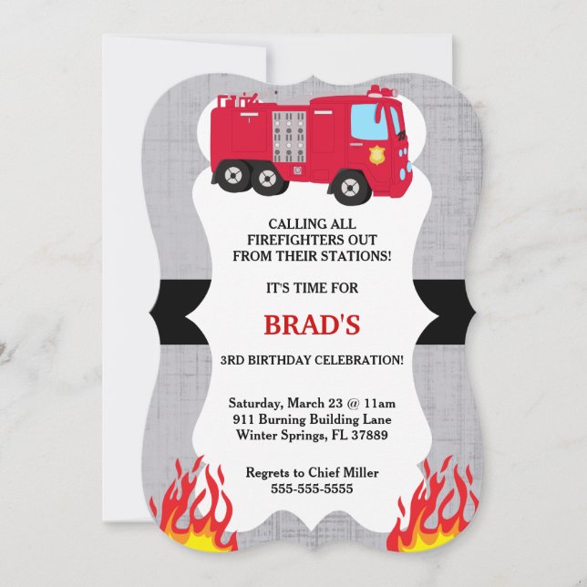 Cute Fire Truck Firefighter Birthday Invitation (Front)