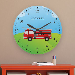 Cute Fire Truck Firefighter Kids Room Large Clock