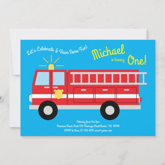 Cute Fire Truck Kids 1st Birthday Party Invitation (Front)