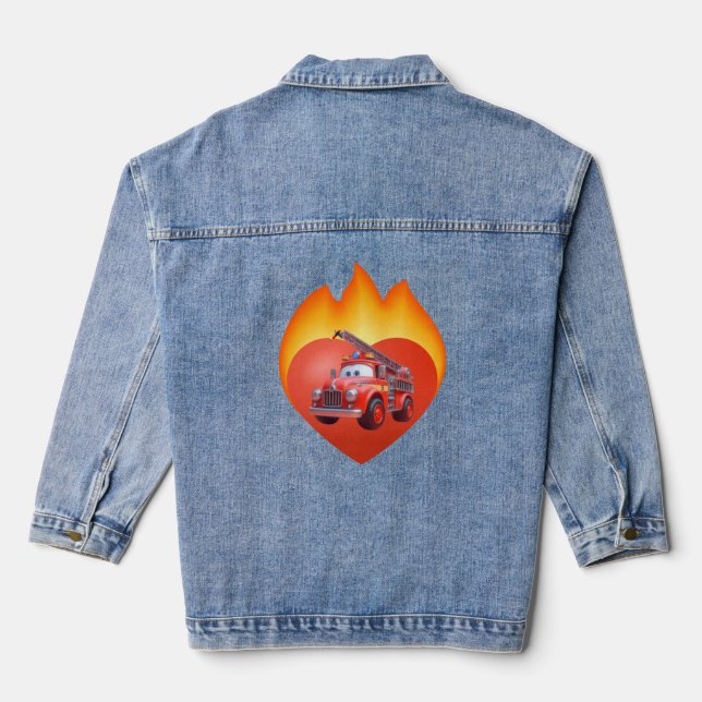 Cute fire truck Valentine's day Denim Jacket (Back)