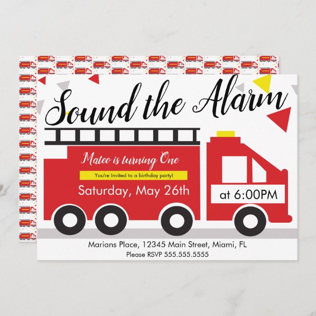 Cute Fire Truck Vehicle Confetti 1st Birthday  (Front/Back)