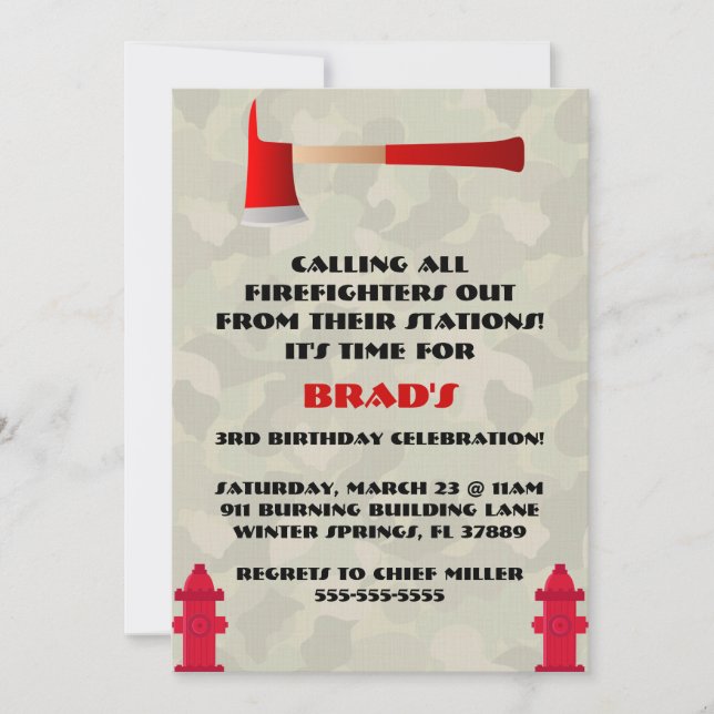 Cute Firefighter Birthday Party Invitation (Front)