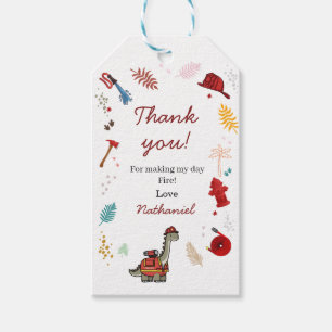 Cute Firefighter Dinosaur birthday thank you tag