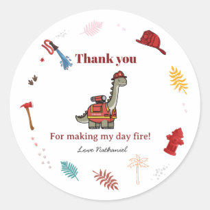 Cute Firefighter Dinosaur roar and rescue Birthday Classic Round Sticker