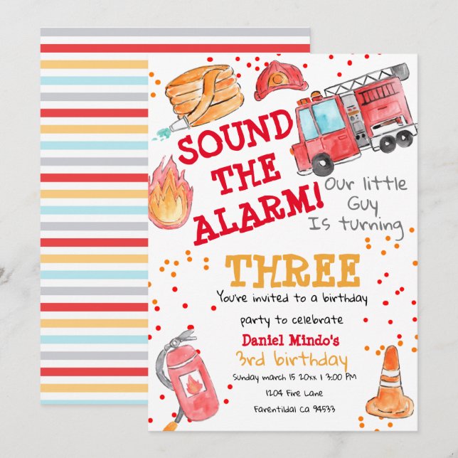 Cute firefighter, firetruck kid birthday invite (Front/Back)