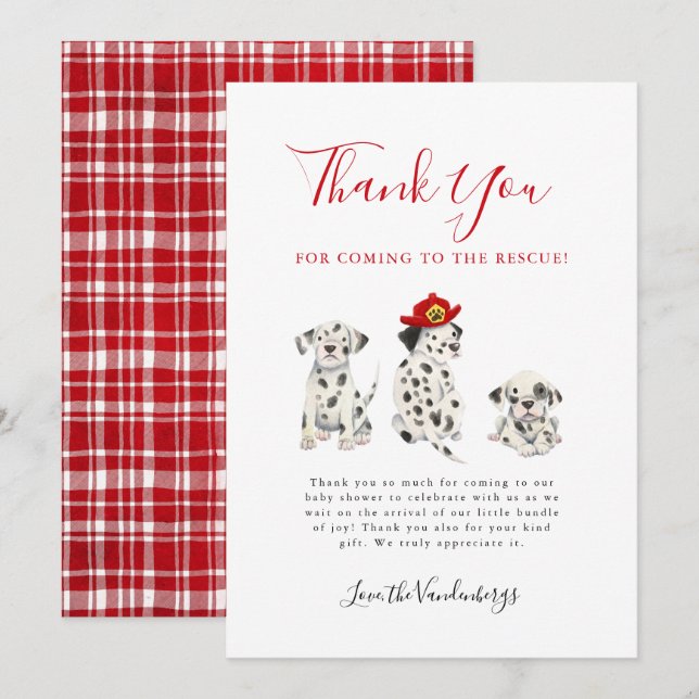 Cute Firefighter Puppies Baby Shower Thank You Card (Front/Back)