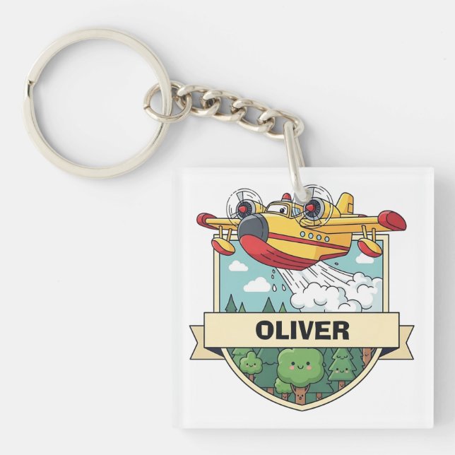 Cute Firefighting Plane Badge Key Ring (Front)