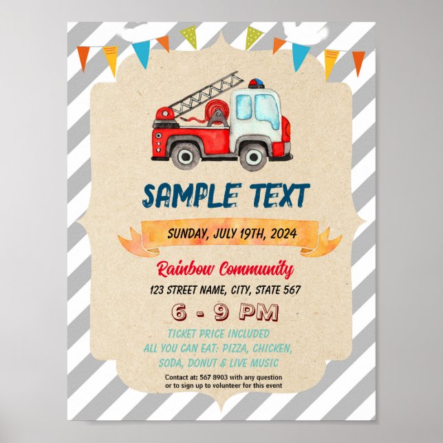 Cute firetruck theme flyer poster (Front)