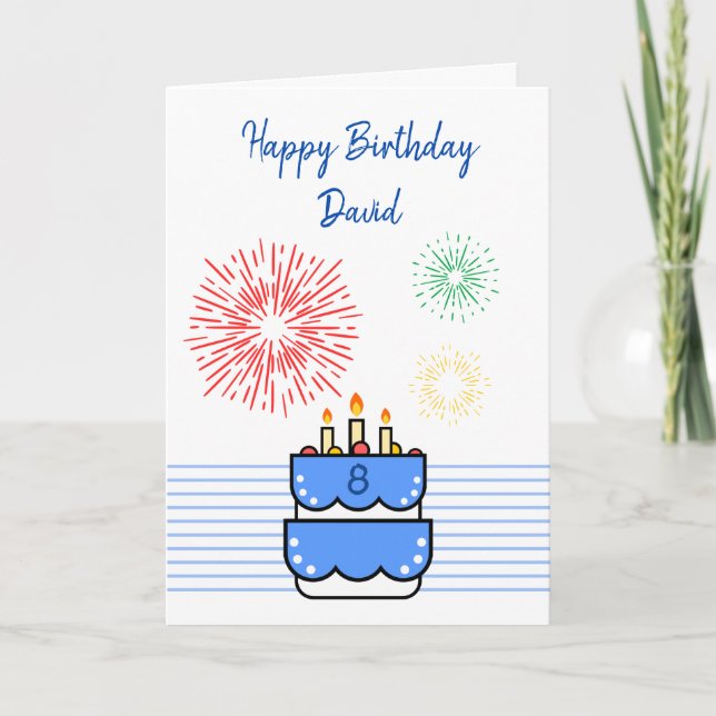 Cute Fireworks and Cake Blue Boy 8th Birthday Card (Front)
